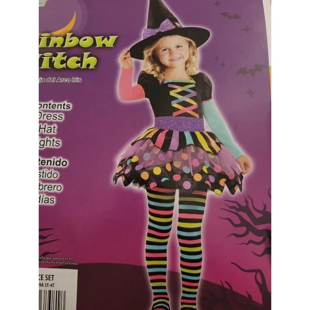 GIRLS 2T 3 PIECE -RAINBOW WITCH HALLOWEEN COSTUME- INCLUDES DRESS HAT TIGHTS NEW